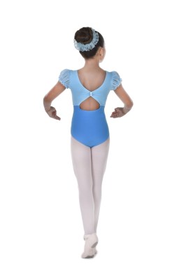 Girls bicoloured puff sleeved leotard pinched key hole